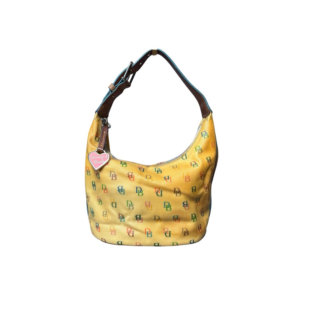 Y2K Vintage Dooney & Bourke Rainbow Monogram Yellow Coated Hobo Bag Heart Charm